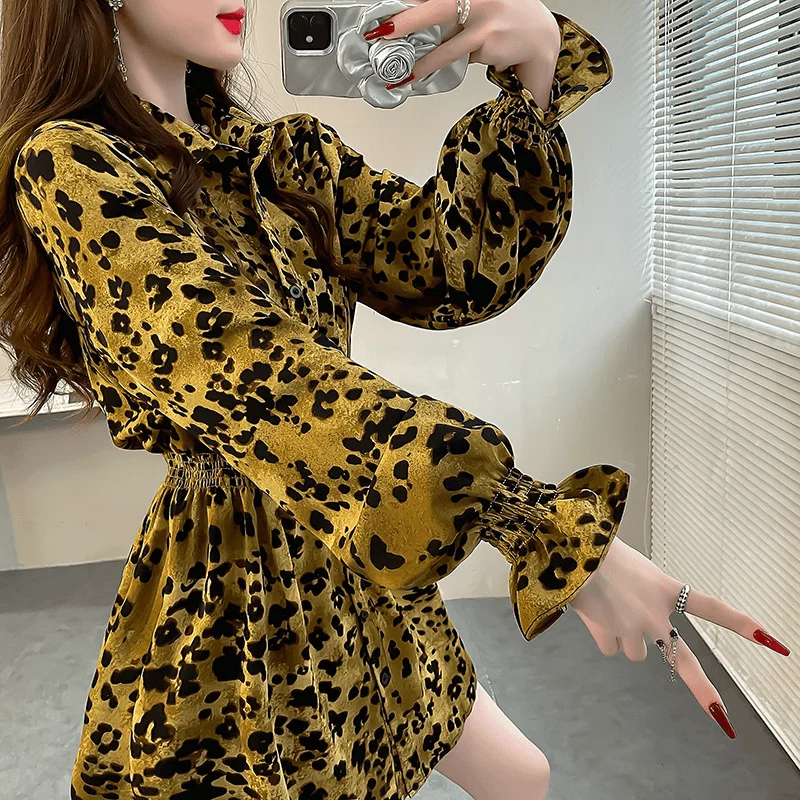 Senhoras moda coreana impressão turn-down colarinho espartilho camisas outono moda leopardo comprimento médio topo roupas femininas topo t