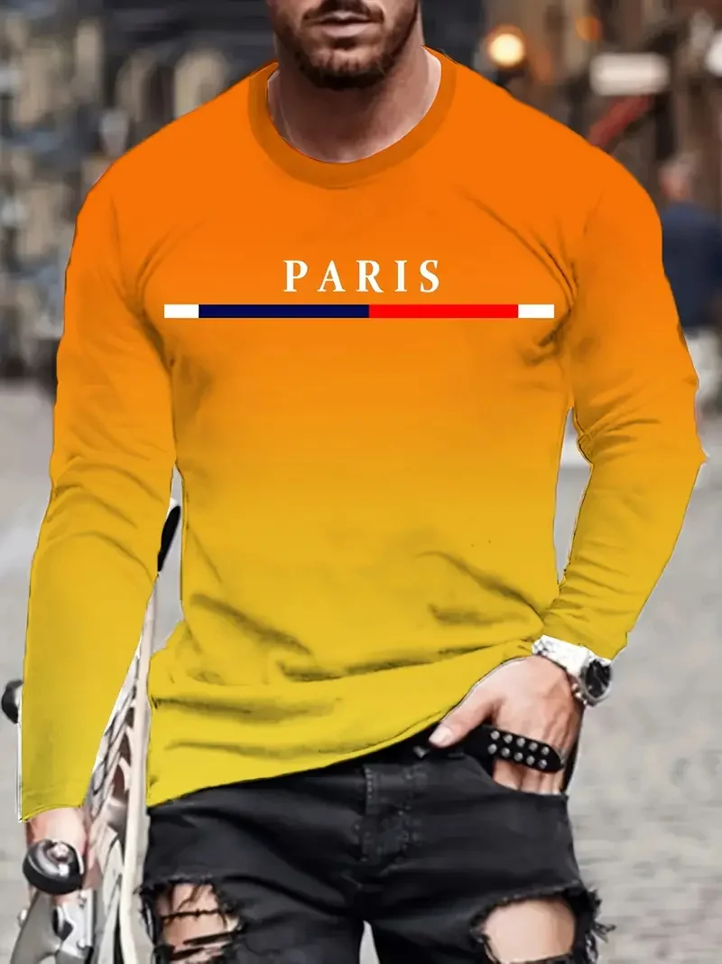 Men\'s gradient color Paris pattern printed T-shirt fashion casual long sleeved round neck outdoor sports T-shirt men\'s clothing