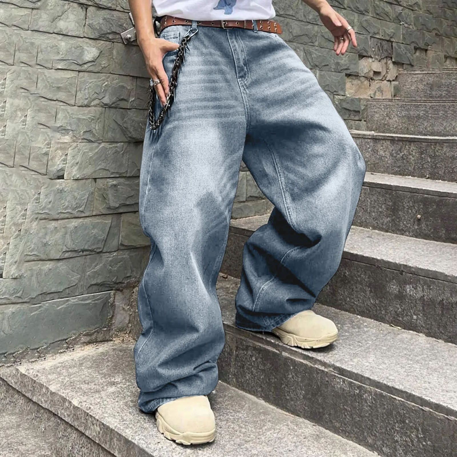 Men Baggy Denim Pants Wide Leg High Waist Belt Casual Trousers Loose Plus Size Stylish Streetwear Men's Hip Hop Streetwear