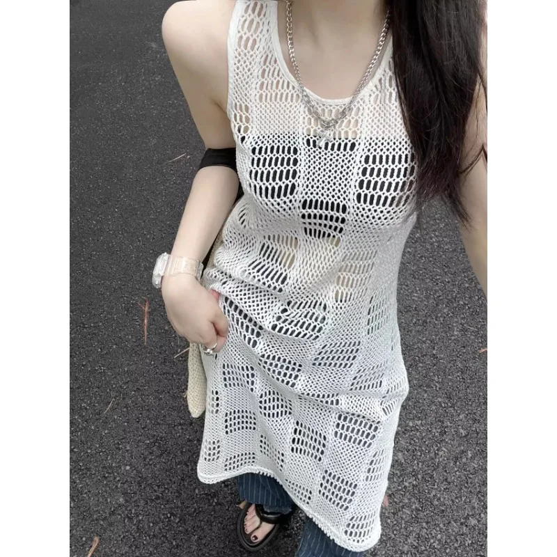 

Streetwear Hollow Solid Color All Match Sleeveless Dress Women 2024 Summer New O-neck Loose Casual Knitted Mid-length Dress