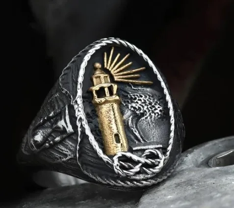 2026 New European And American Retro Ocean Series Steel Lighthouse Ring For Men Punk Stainless Steel Ring