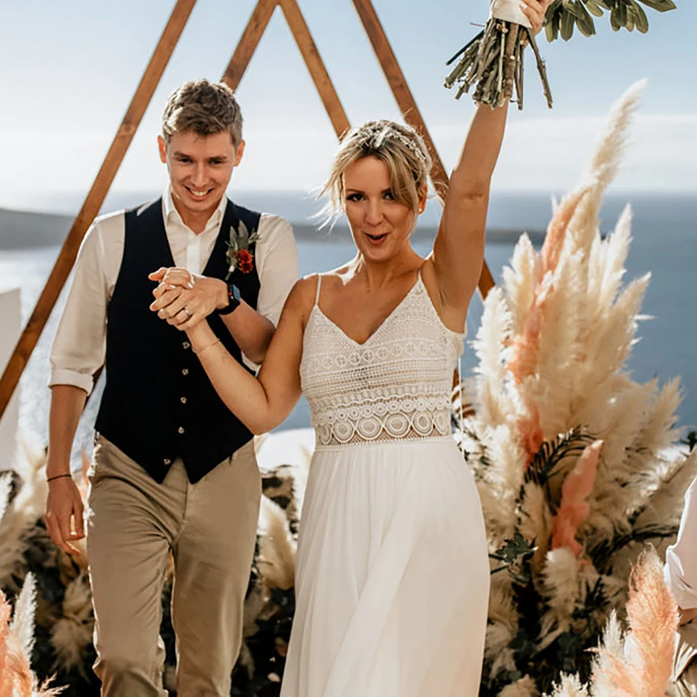 Duas peças boho chiffon vestido de casamento colheita superior boêmio navio da gota sem costas 2022 princesa praia cintas de espaguete laço vestido de noiva