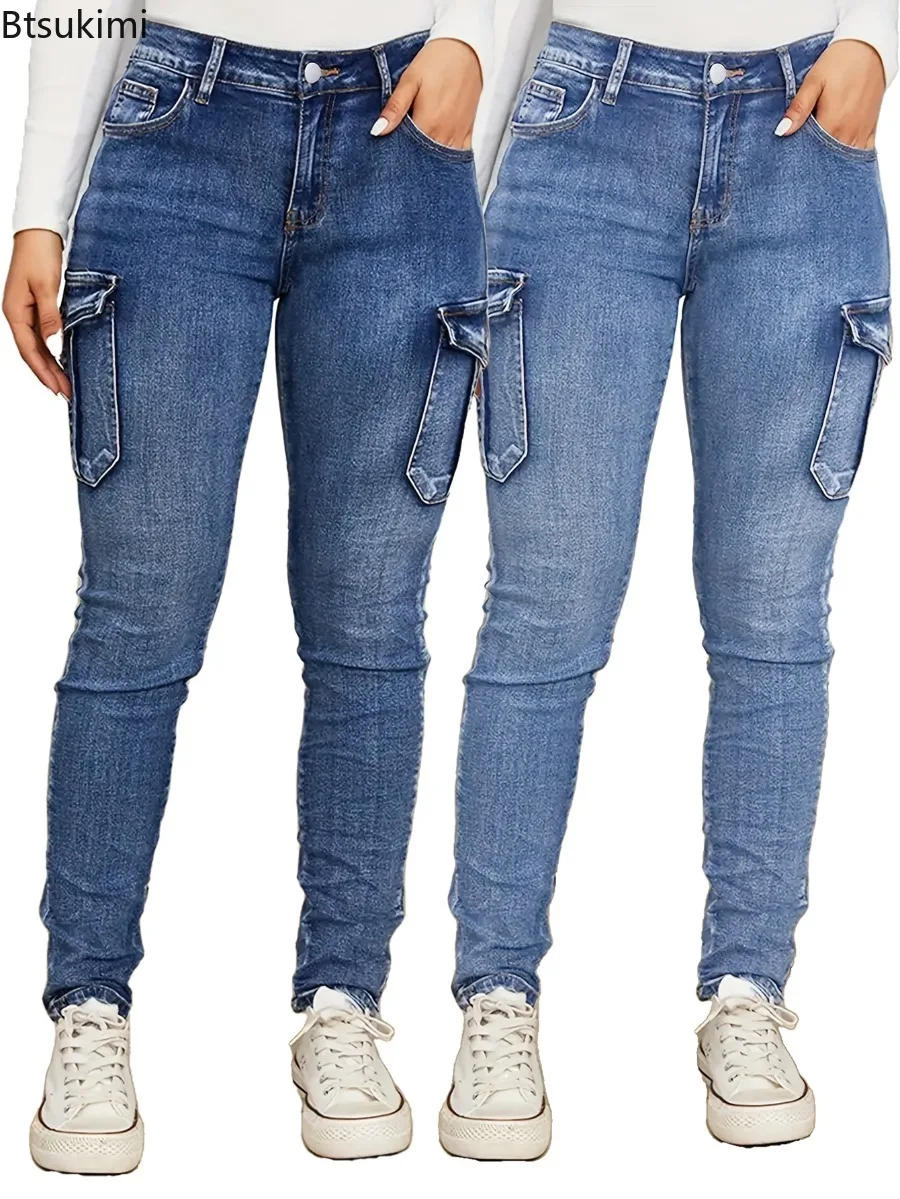 Jeans Pencil Pants Women Vintage Denims Multiple Pockets Low Waist Washed Distressed Stretch Streetwear Ankle Length Trousers