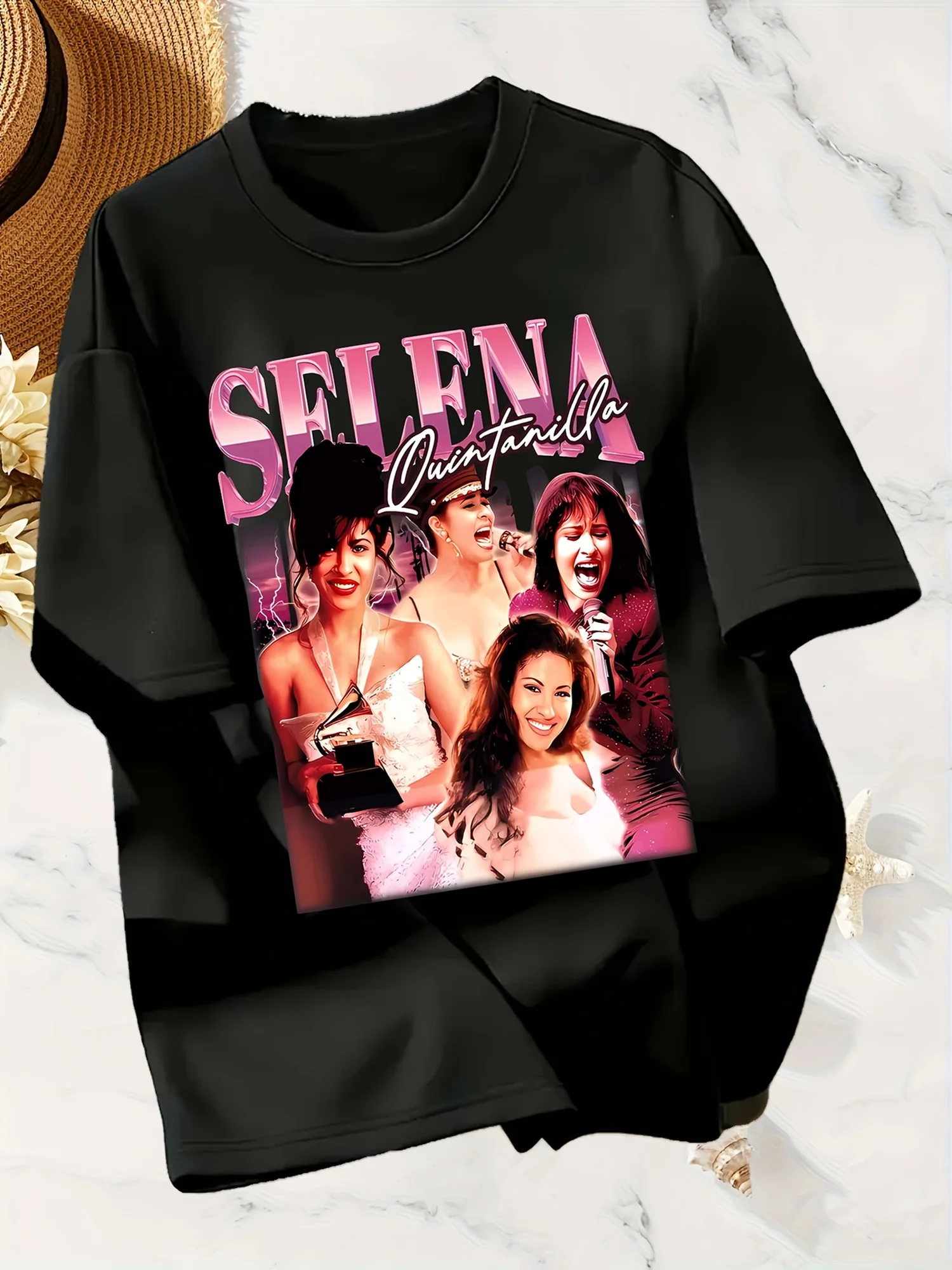 1 قطعة المرأة سيلينا كوينتانيلا الجرافيك طباعة عادية تي شيرتات قصيرة الاكمام أسود مع حروف الوردي نابضة بالحياة الأداء المميز #1