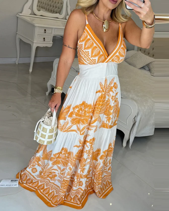 

Sexy Women's Dress 2025 Spring Summer Floral Print Plumge V Neck Spaghetti Strap Shirred High Waist A Line Vacation Maxi Dress