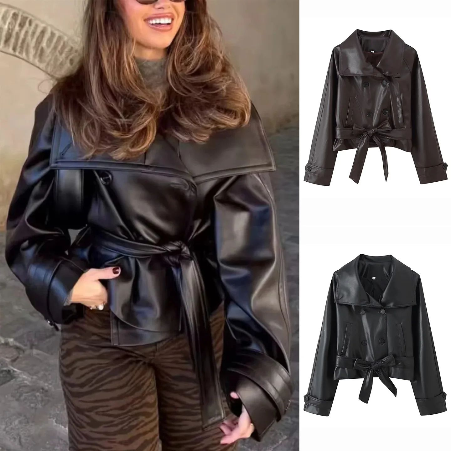 الرجعية Sle فضفاضة مزدوجة الصدر عقدة بولي Leather الجلود Jaet المرأة ملابس خارجية ort طول Faion الخريف وصول جديد