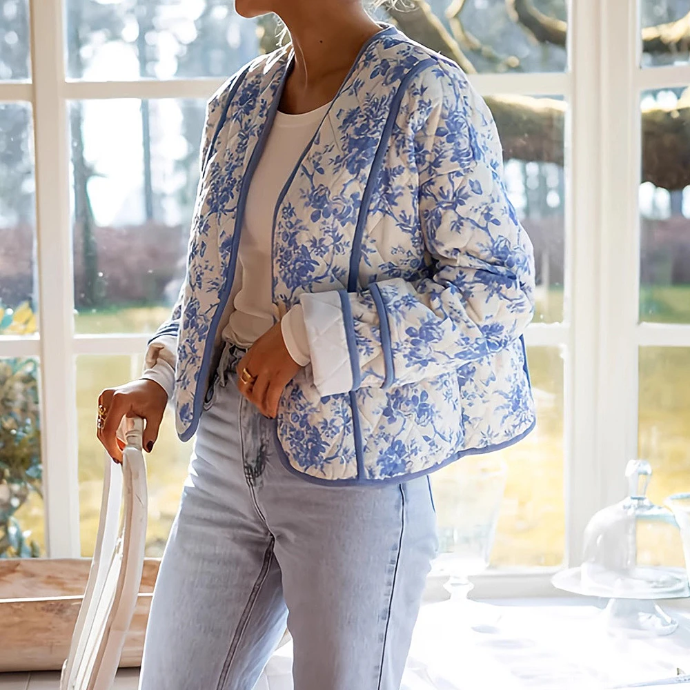 เสื้อแจ็คเก็ตผ้าฝ้ายทรงหลวมแฟชั่นสตรีแขนยาวน้ำหนักเบาเปิดด้านหน้าพิมพ์ลายหรูหรา