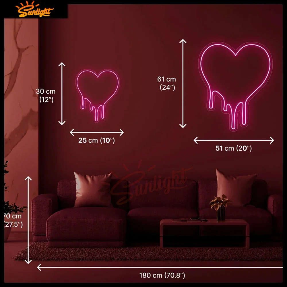 Custom Melting Heart Neon Light, Sinal de néon sangrando para quarto e sala