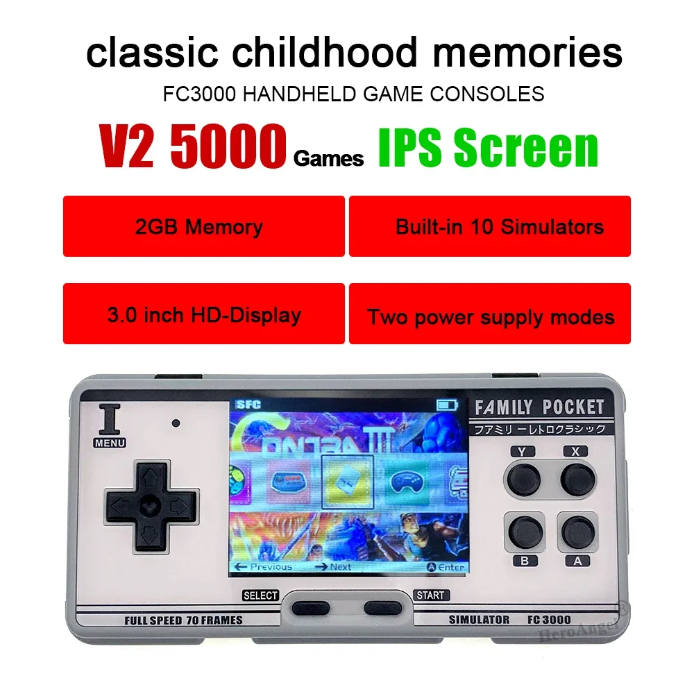 FC3000 V2 Classic Retro Handheld Game Console 5000 Games IPS Screen Mini Video Game Player For MAME Arcade Games 10 Simulators