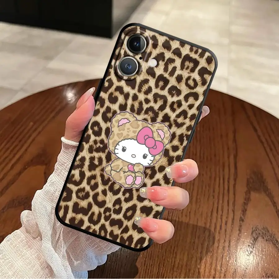 블랙 소프트 폰 커버 케이스 아이폰 15 16 14 플러스 XS 맥스 13 12 11 17 프로 맥스 7 8 XR 17에어 레오파드 키티 산리오
