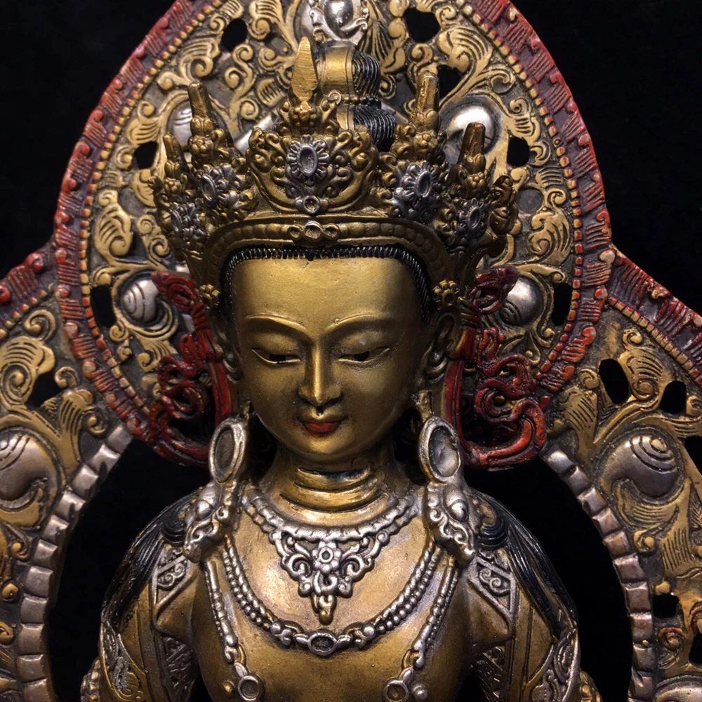 Exquisite Old Bronze Painted Ksitigarbha Bodhisattva Statue with Halo Serene Face Heavy Patina Fine Craftsmanship Home Decor