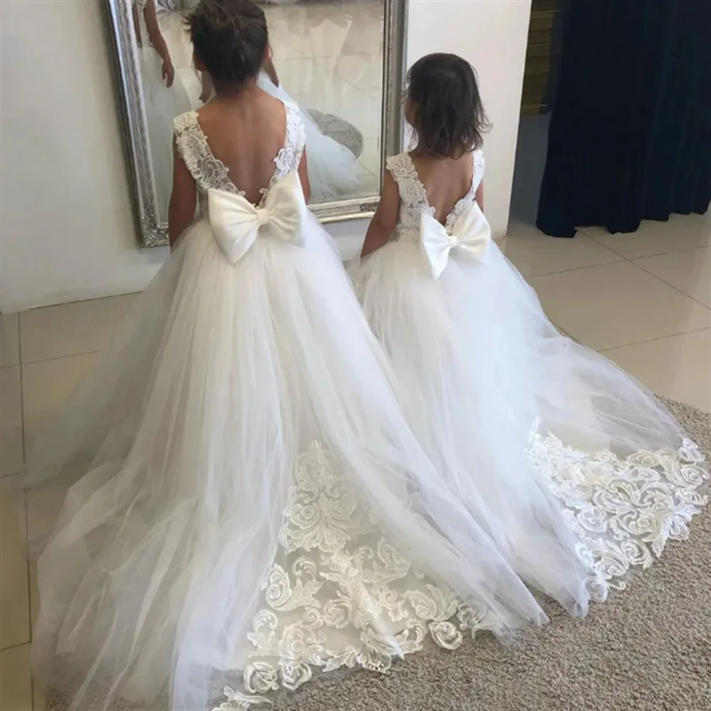 Elegante abito da damigella d'onore per ragazze, abito da sposa per ragazza di fiori, applicazioni senza maniche con fiocco, abito da prima comunione per spettacoli di festa per bambini