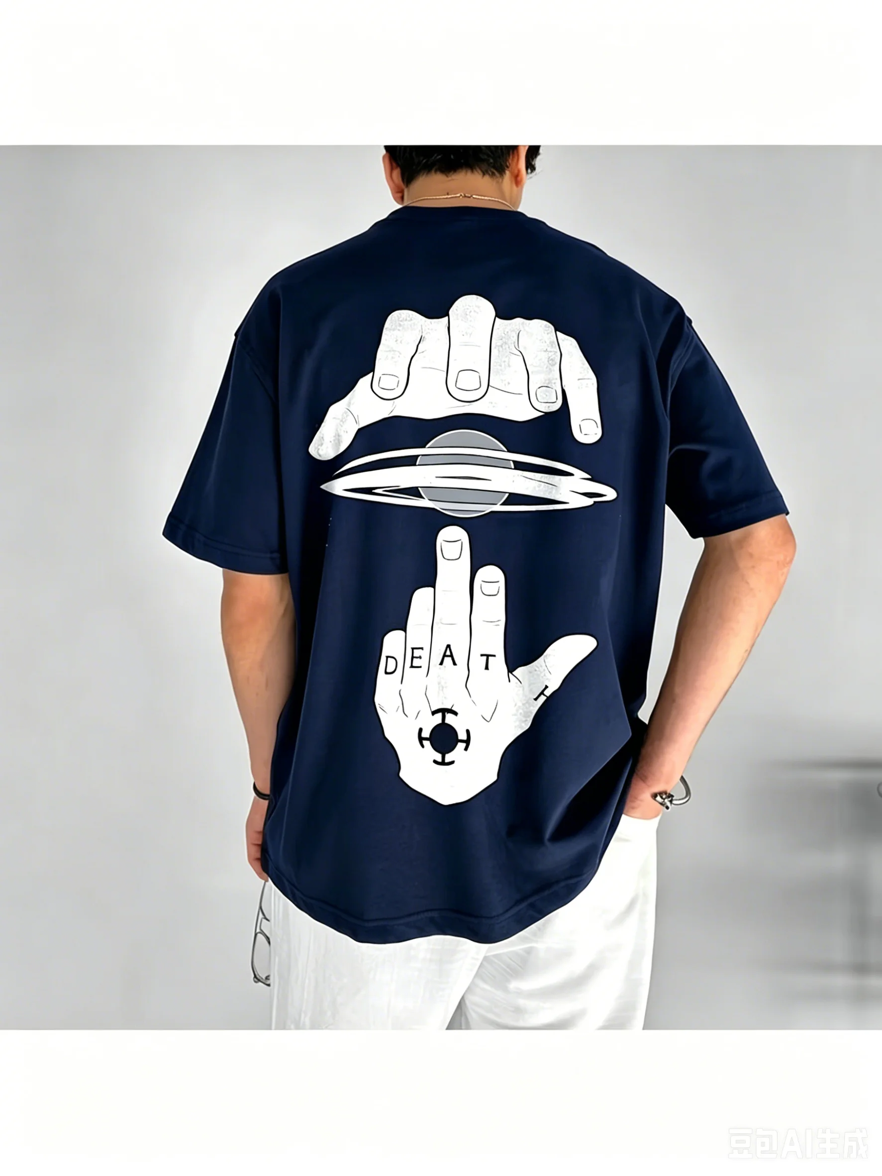 Men's 100% Cotton Loose-fitting T-shirt with Saturn Print, Street Style, Short Sleeve, Round Neck, Casual Summer New Design