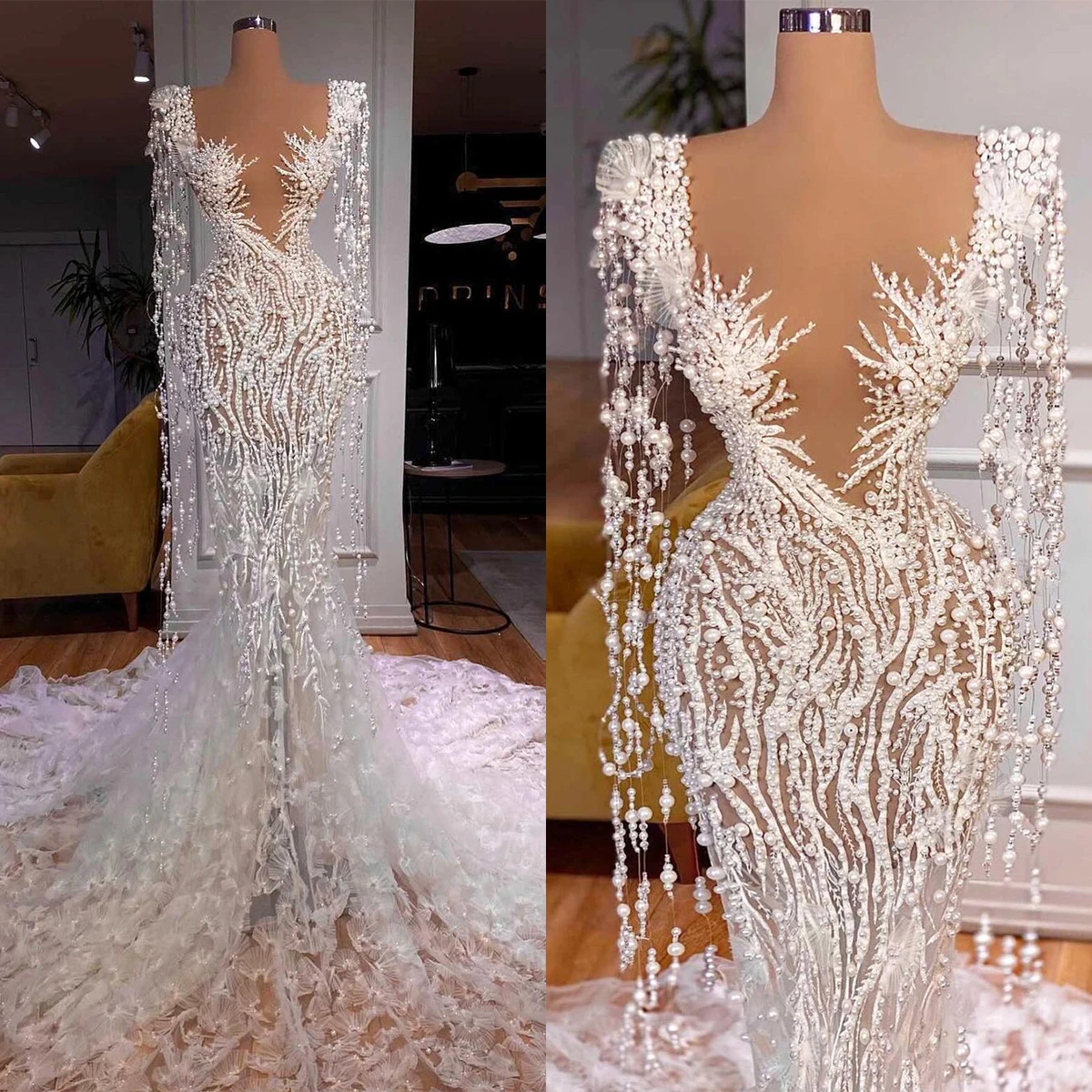 

Fairy Pearls Bridal Gowns Illusion Beaded Lace Wedding Dress Custom Made Deep V Neck See Through Vestido de novia