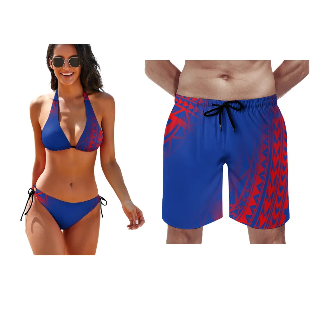 

2023 New Fashion Couple Swimwear Custom Women's Bikini Men's Sports Shorts Create Couple Swimwear Polynesia