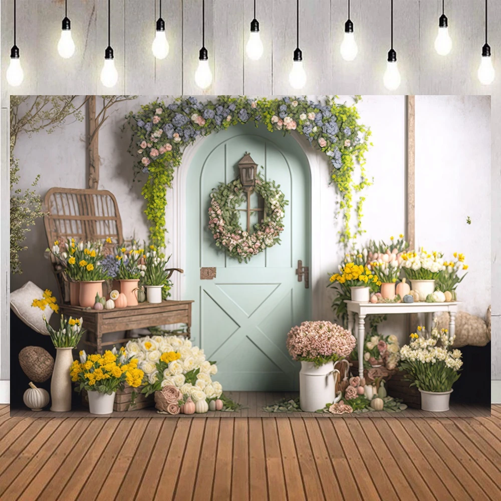 Spring Flower Backdrop for Photography Woode Door Window Floral Baby Portrait Wedding Bride Shower Party Background Photo Props