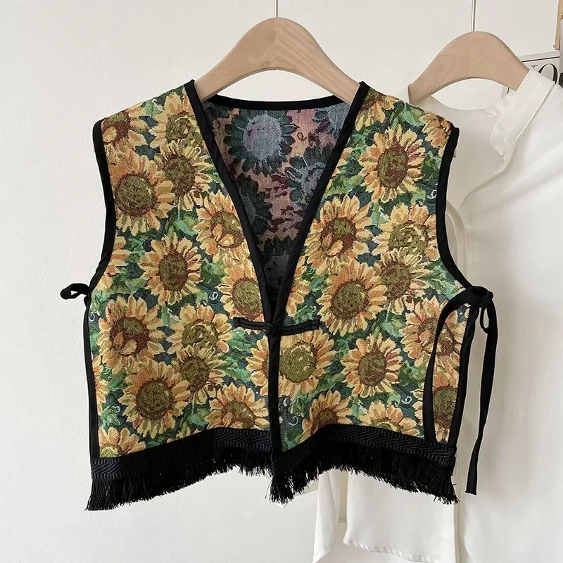 Vintage Bohemian Boho Chic Gypsy Hippie Ibiza Bali frange Jacquard Cropped Vest 2024 Retro Cottage Core Holiday Vacation Top