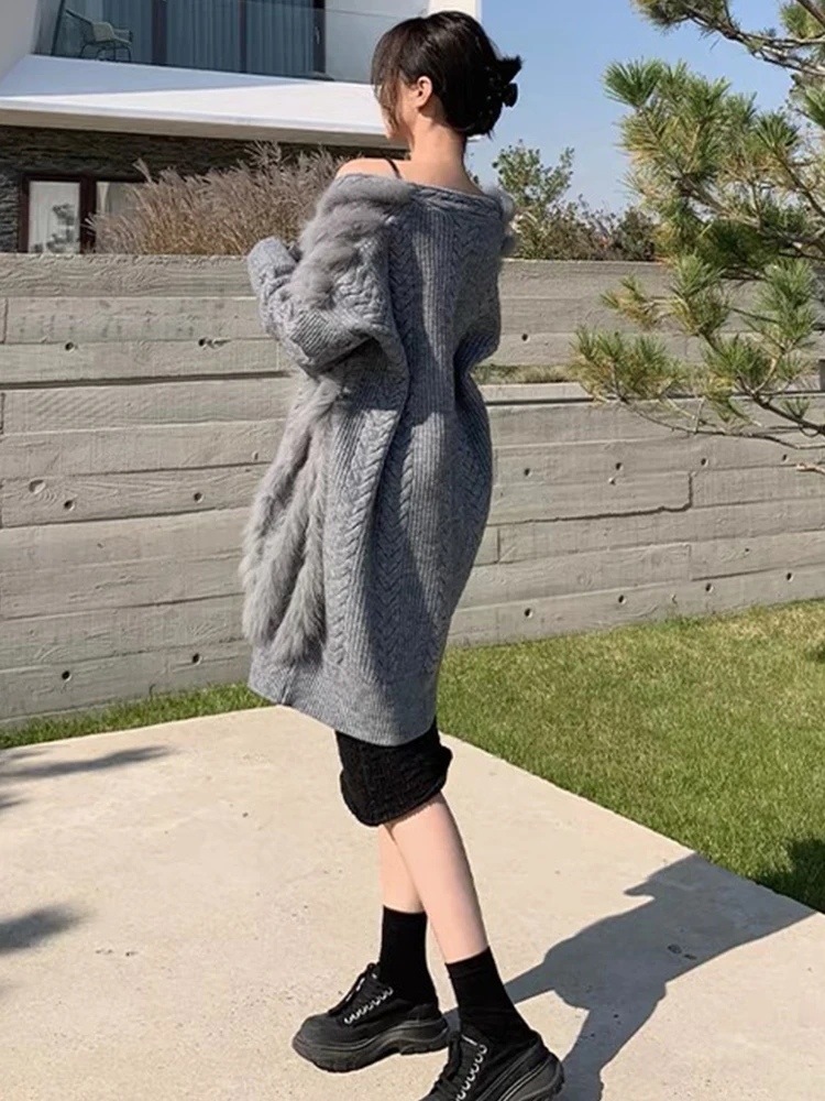 Hot Sale Women Real Fox Fur Knitting Loose Warm Winter Fox Fur Decoration Lady's Fashion Knitted Long Sweater Fur Coat