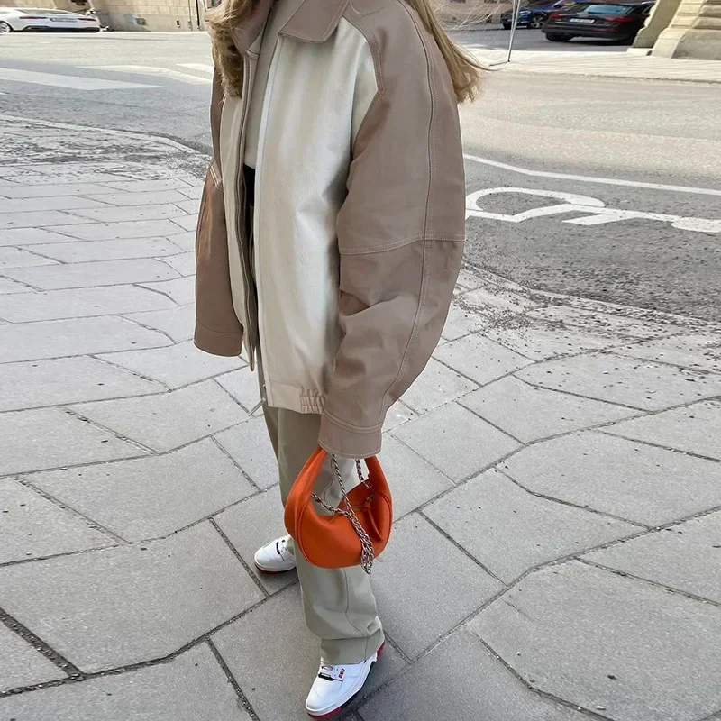 Solid Color Lapel Slim Fit Loose Coat Leather Women Street Autumn Ladies Faux Leather Jacket Ladies Long-sleeved Zipper PU Coat