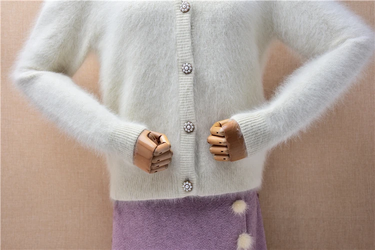 Women Mujer Autumn Winter Clothes Hairy Soft Angora Rabbit Hair Knitted Long Sleeves Crop Top Loose Cardigans Sweater Jacket