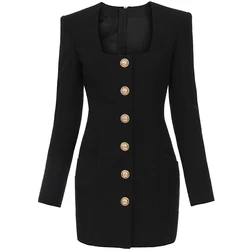 Fall New Fashion Solid Color Square Collar Single Row Golden Buttons Long Sleeve Slim Zipper Pocket Short Woman Dress