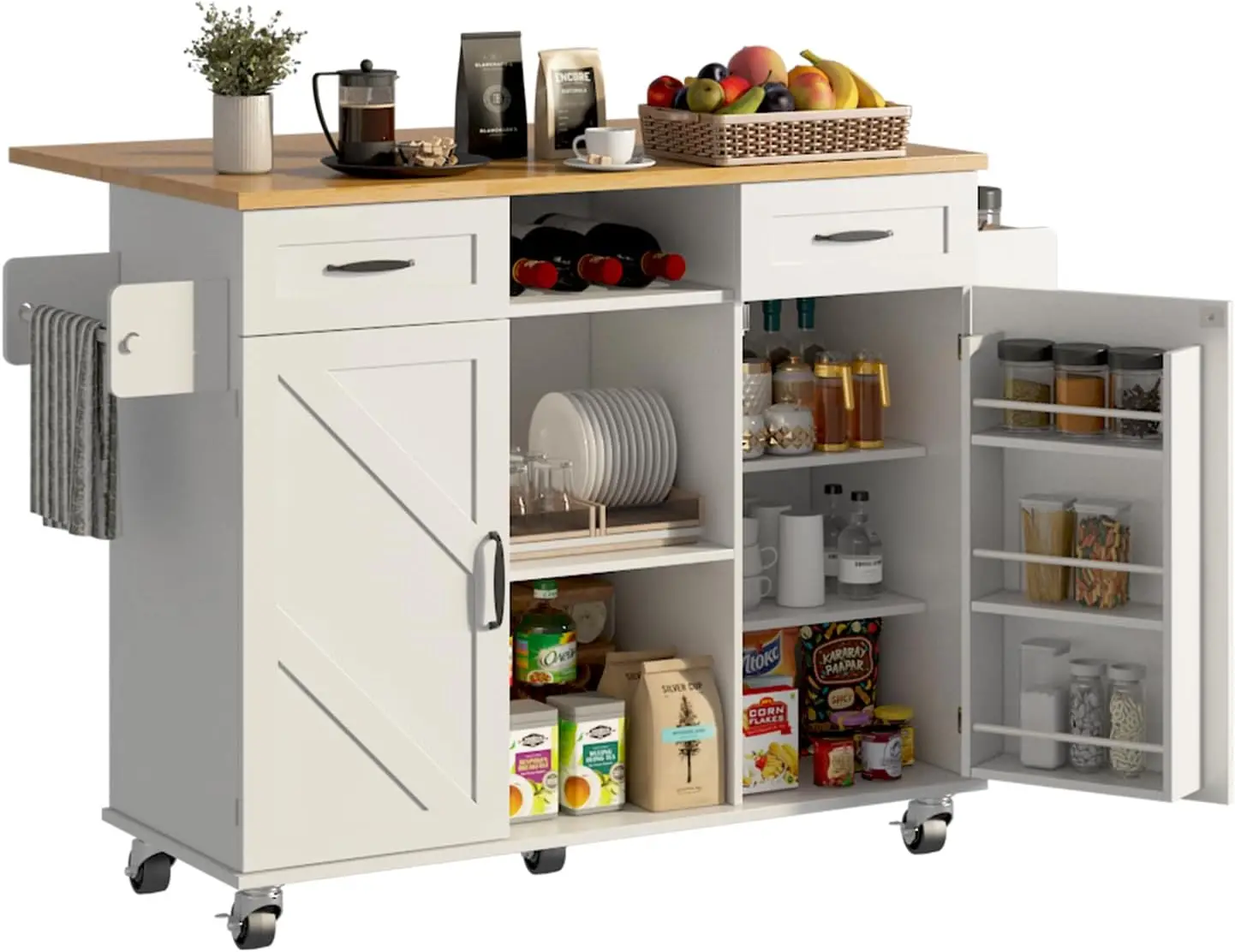 

51.5' Rolling Kitchen Island with Storage, Drop Leaf Cart on Wheels, Farmhouse Mobile Island, White Butcher Block Table with Spi
