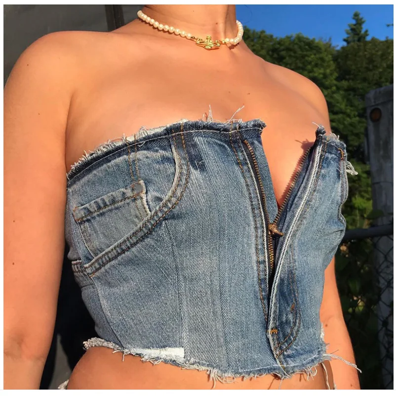 

Color Block Denim Cropped Tube Tank Tops Wrapped Chest Off Shoulder Slim Wild Summer Ladies Girls Chic Zipper Vest