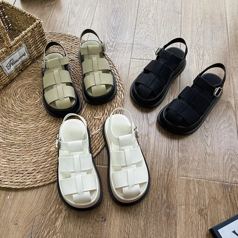 

Summer Women's Leather Matte Roman Women's Sandals Casual Thick Soled Woven Women's Shoes