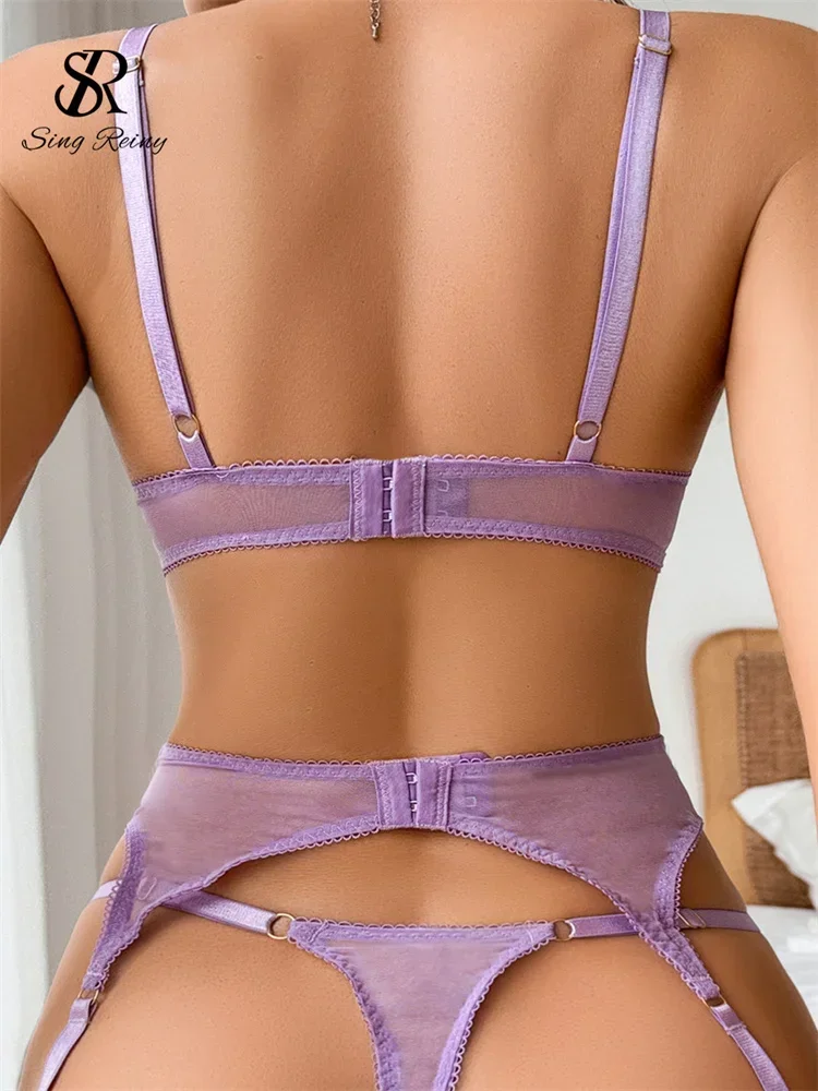 SINGREINY Set di lingerie sessuale floreale porno femminile Set di biancheria intima sexy trasparente con ricamo da donna