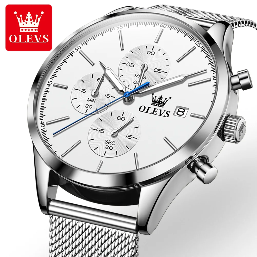 

OLEVS New Fashion Chronograph Quartz Watch for Men Stainless Steel Mesh Strap Waterproof Calendar Watches Mens Relogio Masculino