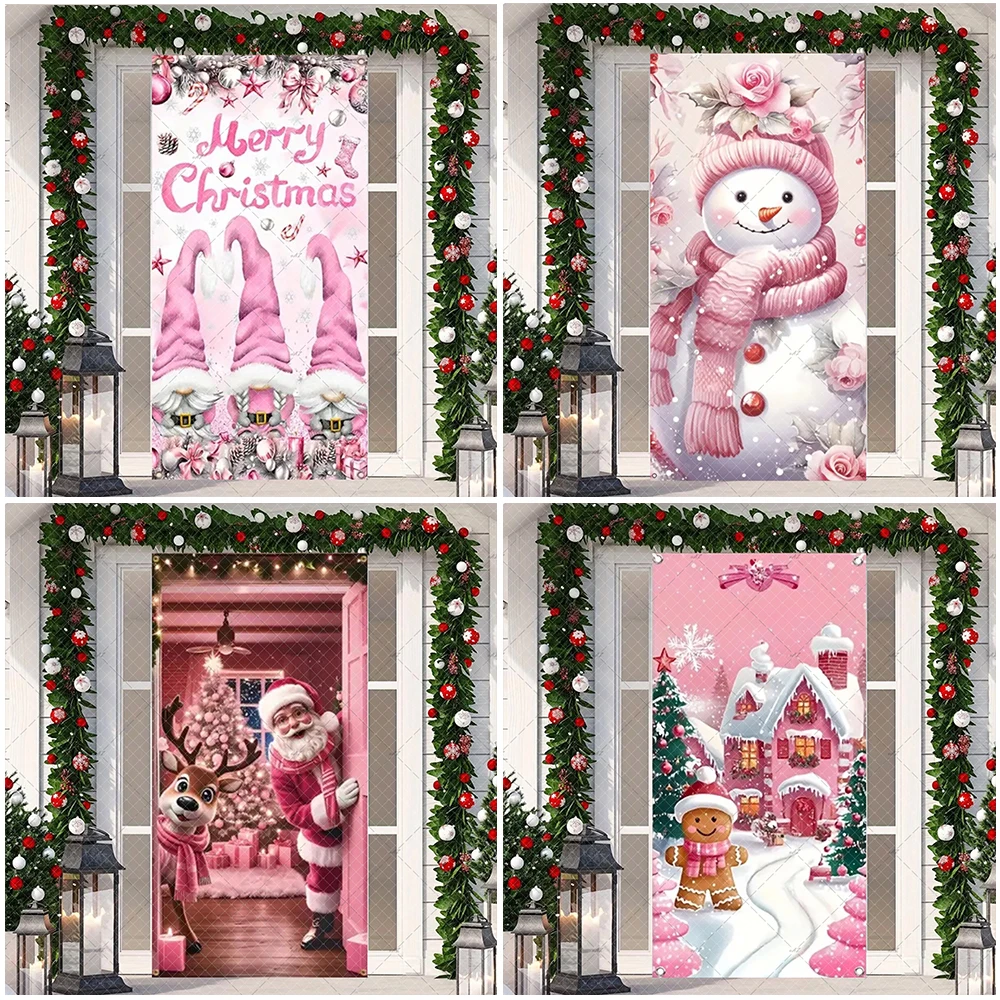 

Cartoon Pink Christmas Door Banner Gingerbread Man House Santa Claus Elk Party Decorations Winter Prop Snowman Party Supplies