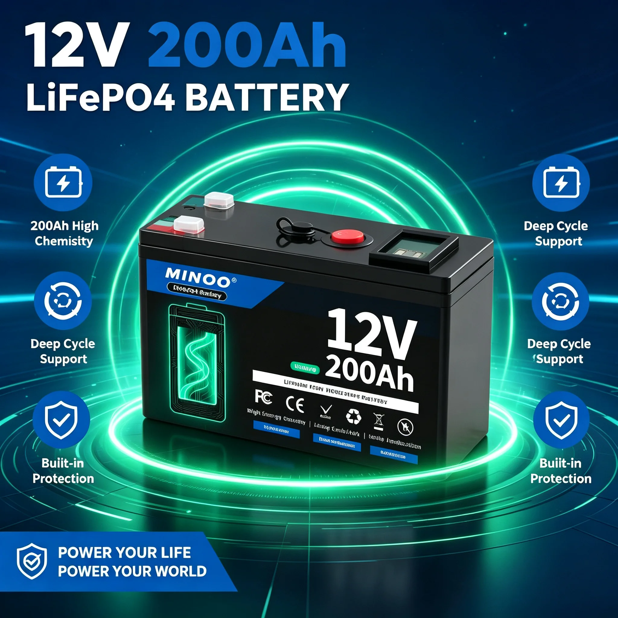 12V 200Ah LiFePO4 Battery Lithium Iron Phosphate Deep Cycle Rechargeable Battery With BMS For Solar RV Marine Energy Storage