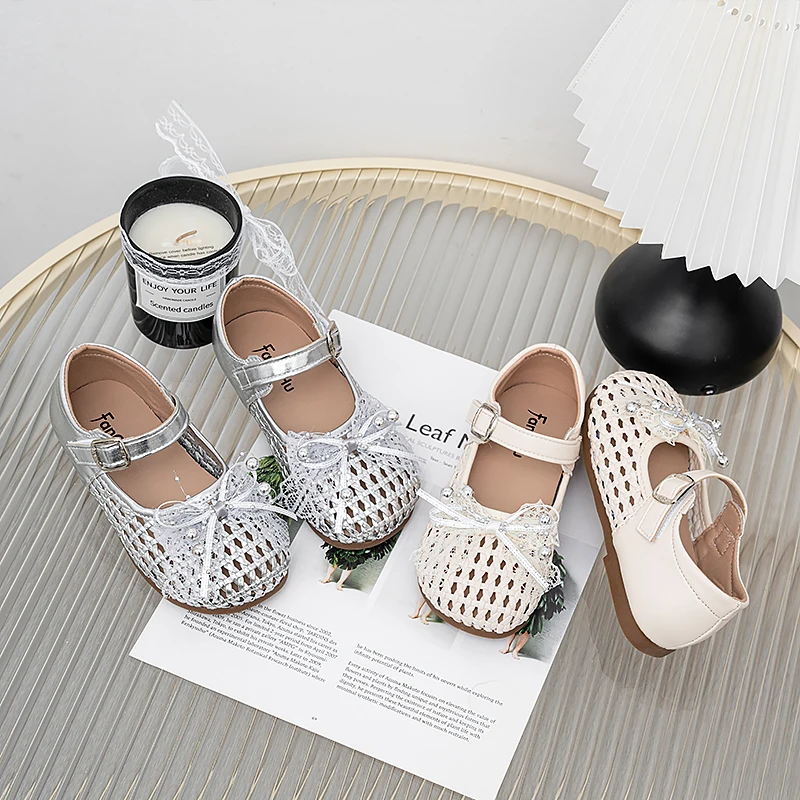 Girls Weave Mary Jane Shoes Breathable Children Flats Leather Shoes for Party Wedding Kids Pearls Princess Shoes with Lace Bow