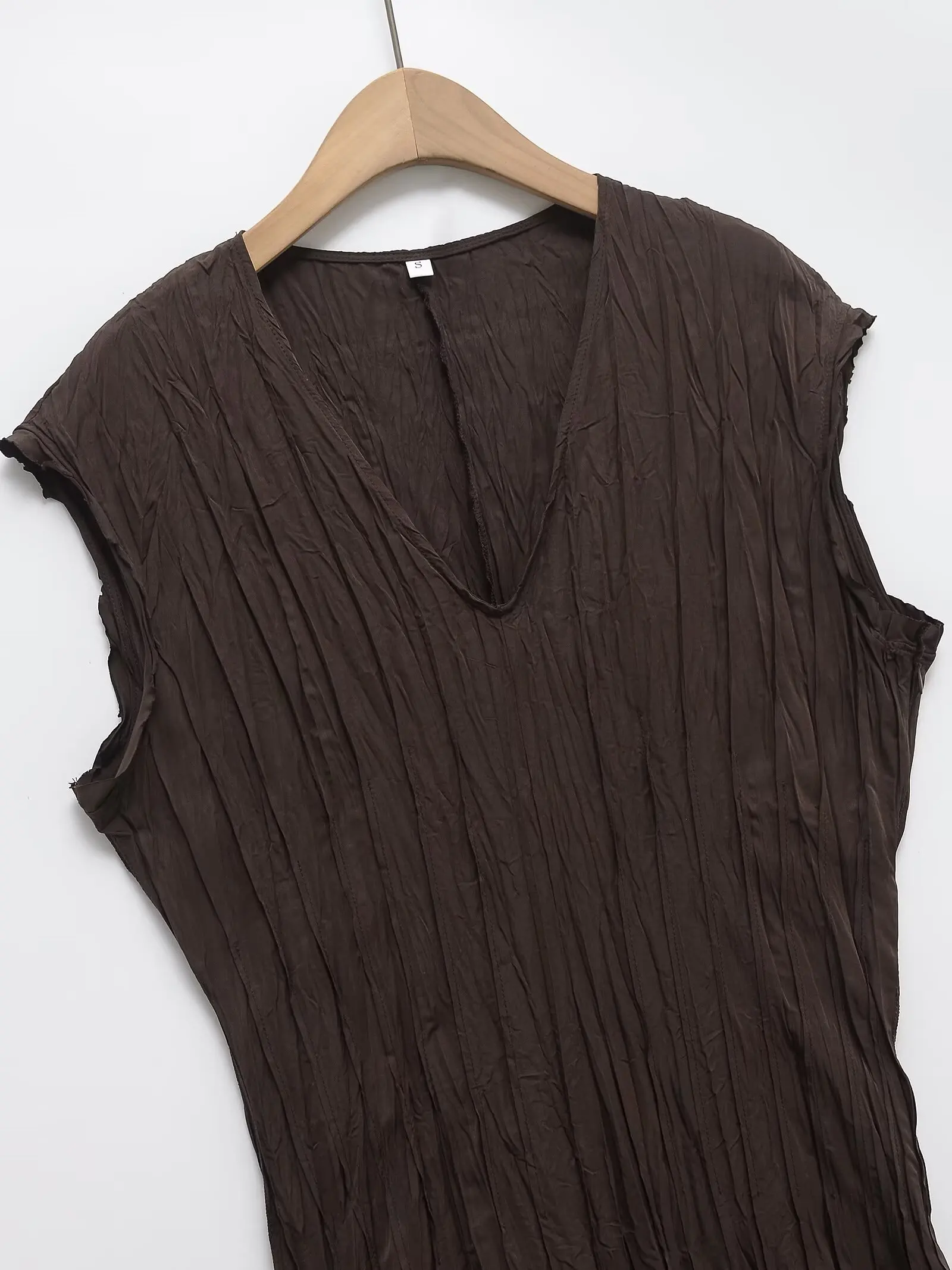 ETJ 2025 Lente dames elegante stijl bruin hangend vloeiende V-hals geplooide halflange jurk met korte mouwen