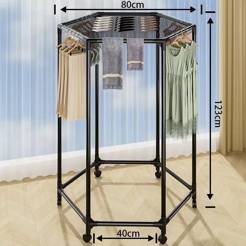Hexagon Rotating Clothes Rack Double Tier Rolling Garment Stand With Brake Wheels Movable Clothing Drying Storage Rack