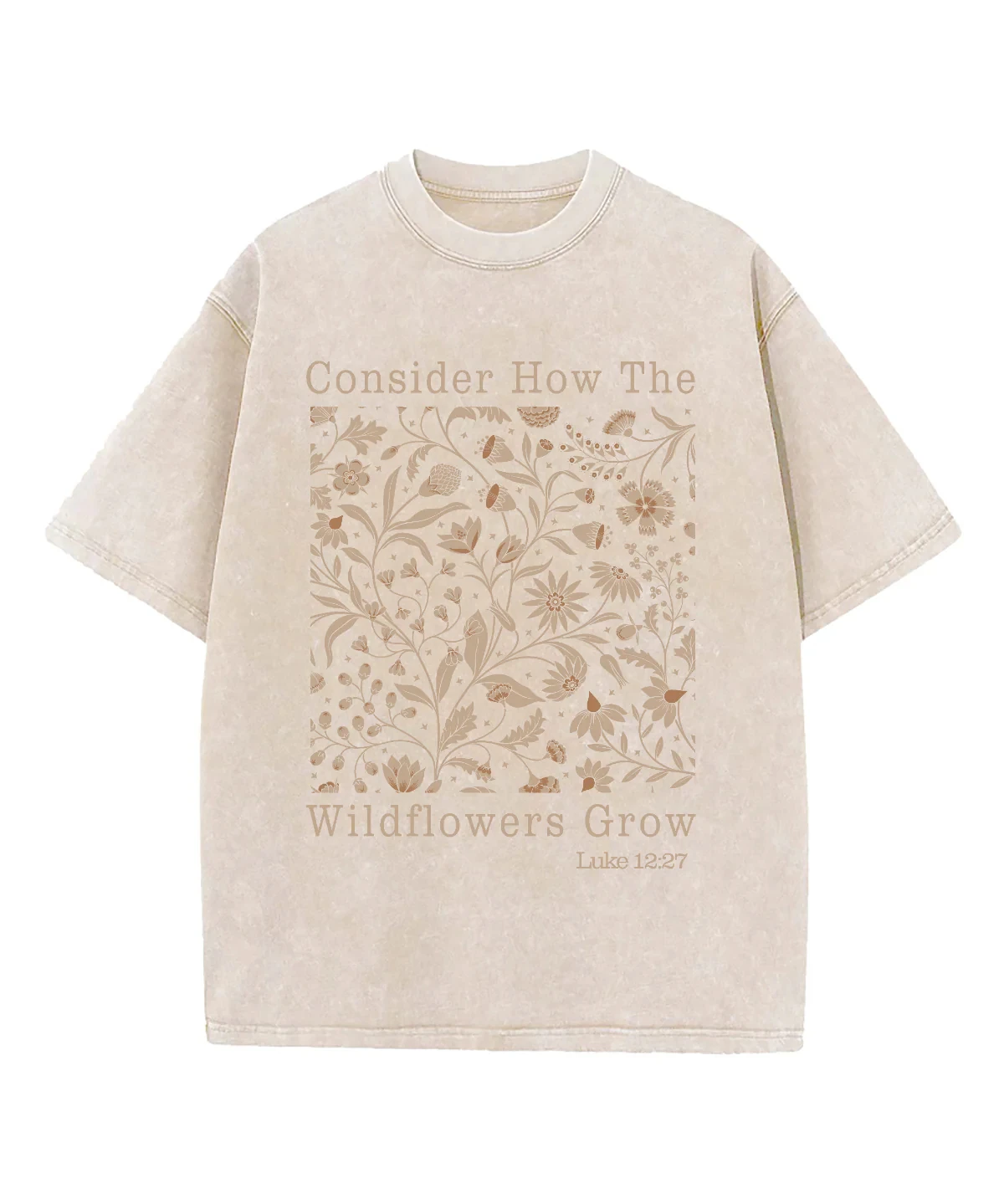 

Футболка мужская хлопковая бежевая с цветочным принтом «Растущие полевые цветы» (Лука 12:27), летняя, 2026, уличный стиль, повседневная, христианская