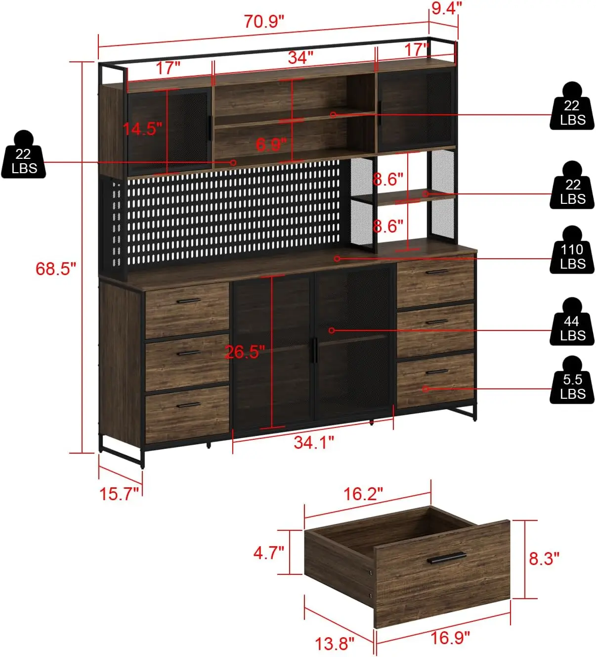 Large Kitchen Hutch Pantry Cabinet, Storage Kitchen Pantry, Storage Cupboard with Metal Mesh Door, Brown 70.9