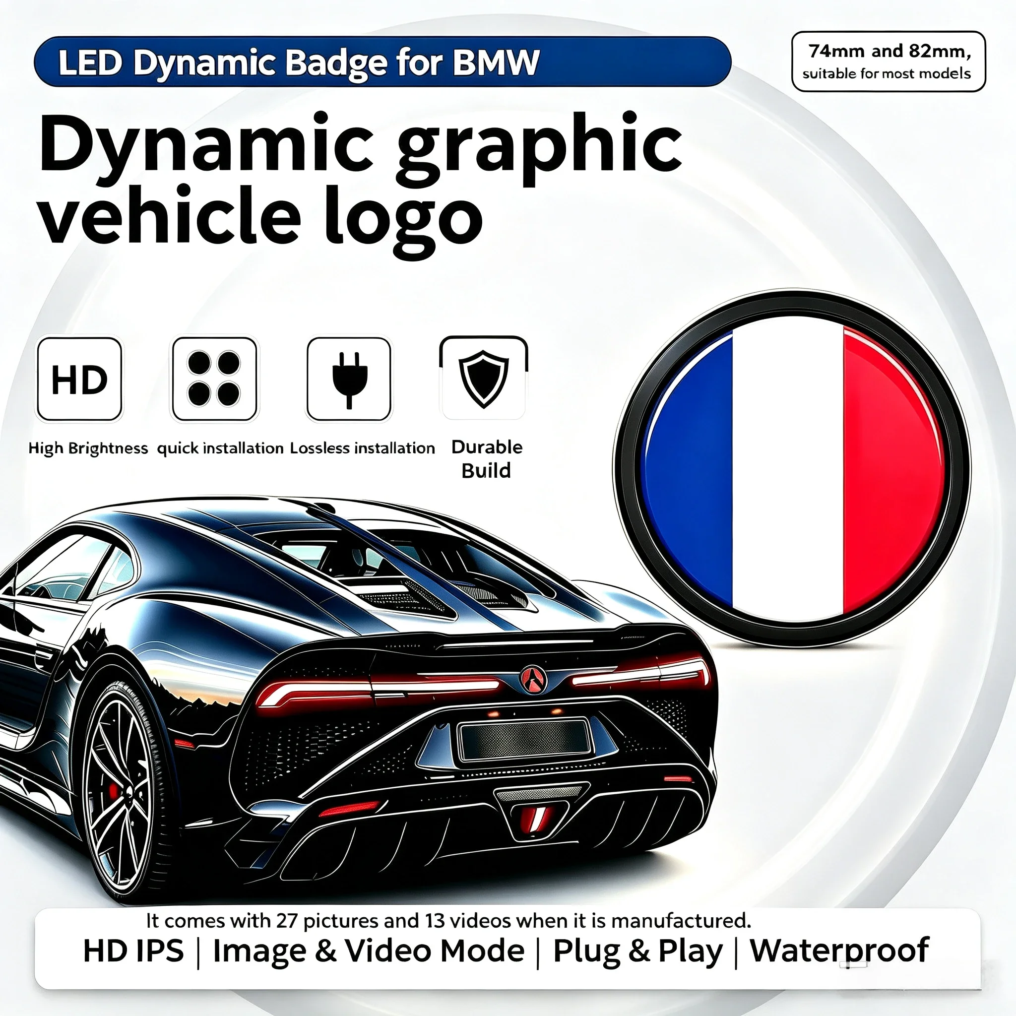 74mm 82mm LED Dynamic Car Badge for BMW 1‑7 Series X1 X2 X3 X4 X5 X6 X7 Z4 M Power 1500 Nit IPS Touch Custom Video Image Exterio