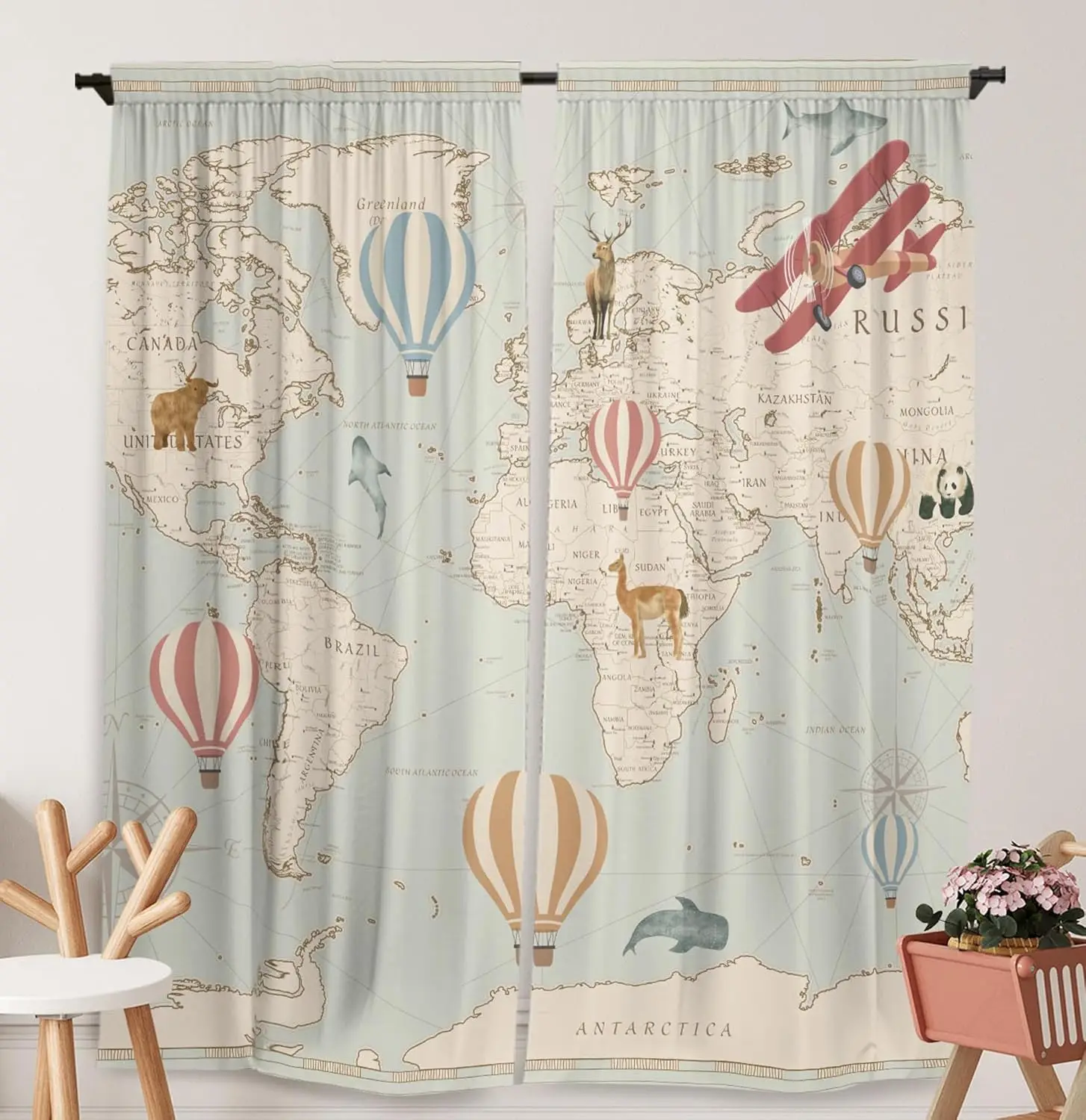 World Map Window Curtains Hot Air Balloon Cruise Grand Tour Curtain Drape for Bathroom and Bedroom Living Room Windows Decor Dur