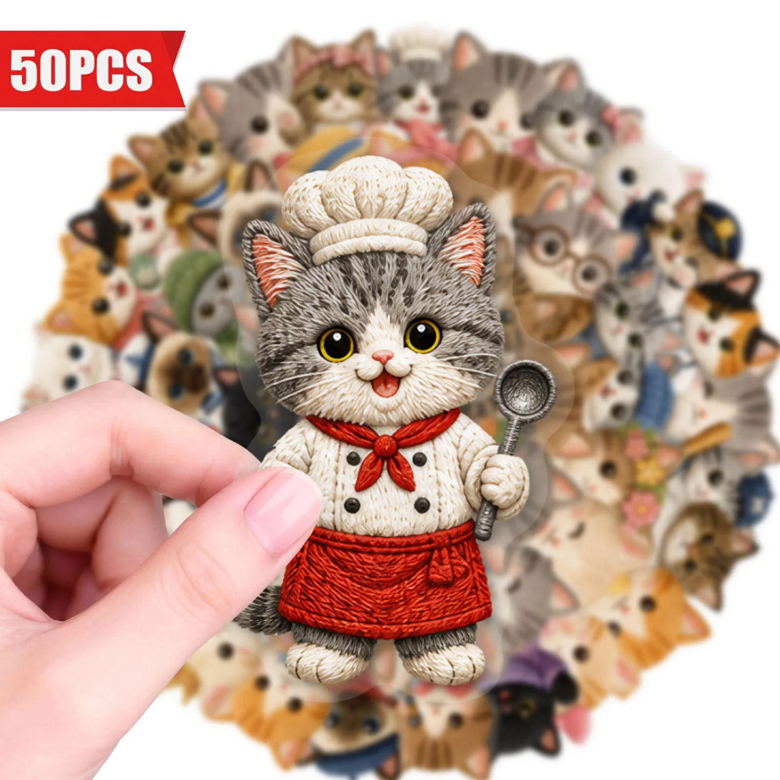 50 PCS Cute Cartoon Cat Shape Stickers Creative Embroidery Design PET Transparent Waterproof Student Hand Account Decals