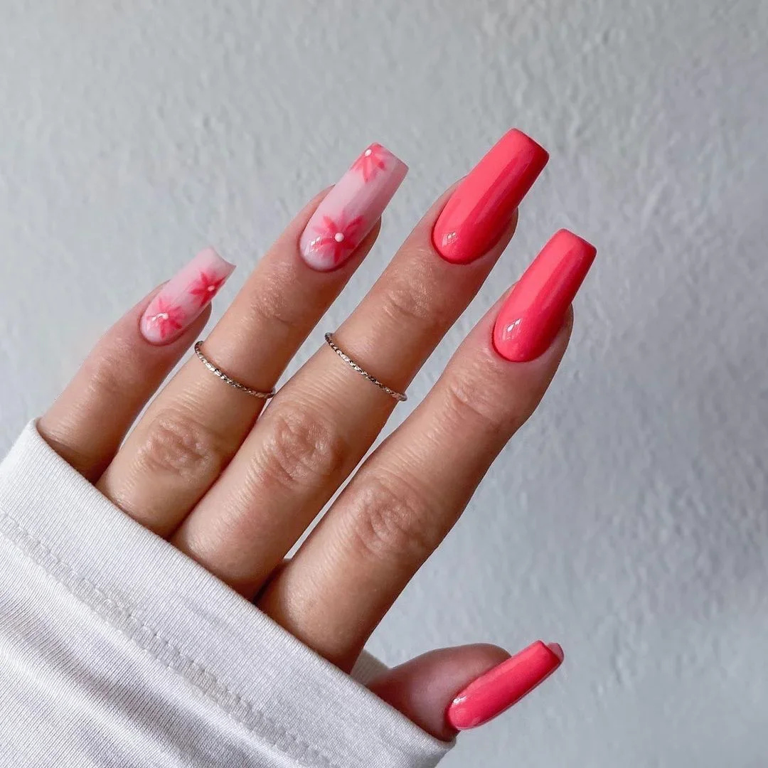 Faux ongles longs cercueil ballerine française rose, couverture complète, design petite fleur, presse sur les pointes des ongles, poignées amovibles, N64