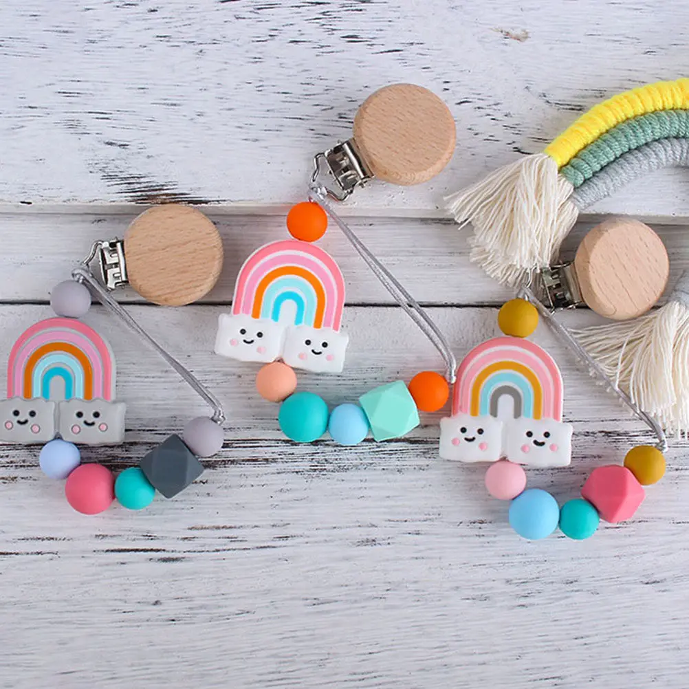 

Rainbow Silicone Beaded Baby Pacifier Clip Lightweight Soft Teething Soothing Pacifier Holder for Infant Boys Girls