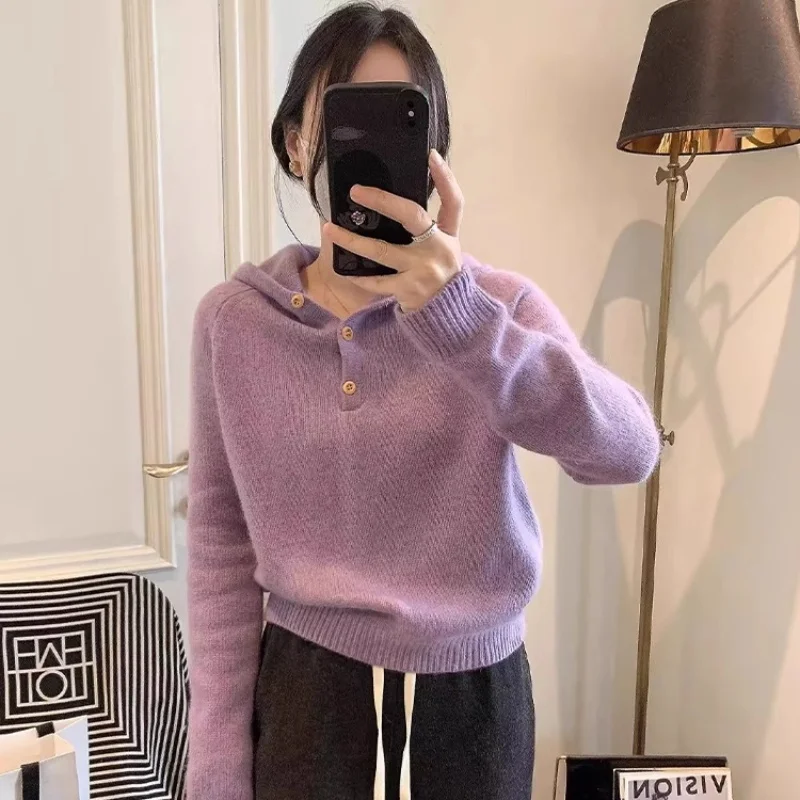 เสื้อสเวตเตอร์ผู้หญิงใหม่ ฤดูใบไม้ร่วง/ฤดูหนาว 2025 ผ้าวูล 100% เสื้อฮู้ดไหมพรมสีพื้น สไตล์ลำลอง แฟชั่นสุดฮิต เสื้อผ้าผู้หญิงขายดี