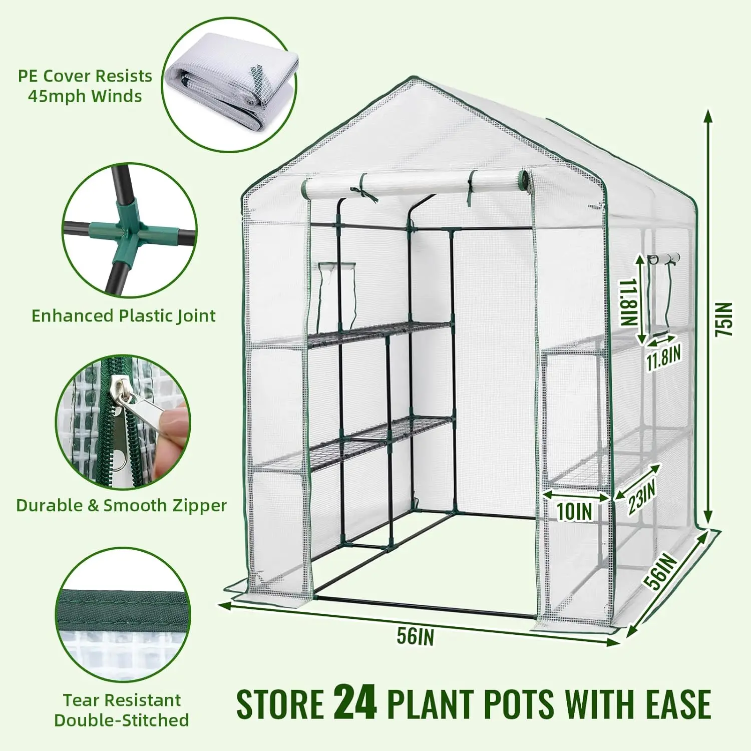 

56 x 56 x 75'' Greenhouses for Outdoors, Portable Kit with Mesh Side Windows, PE Cover, 8 Shelves, Heavy Duty Walk in Green