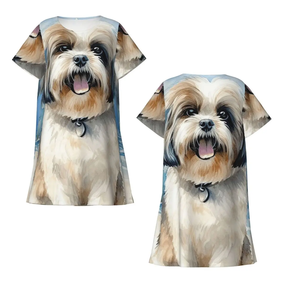 Custom Shih Tzu On The Beach Short Sleeves Nightdress For Sleeping Sleepshirts Women Short Sleeve Nightgowns Soft Pajama Dress