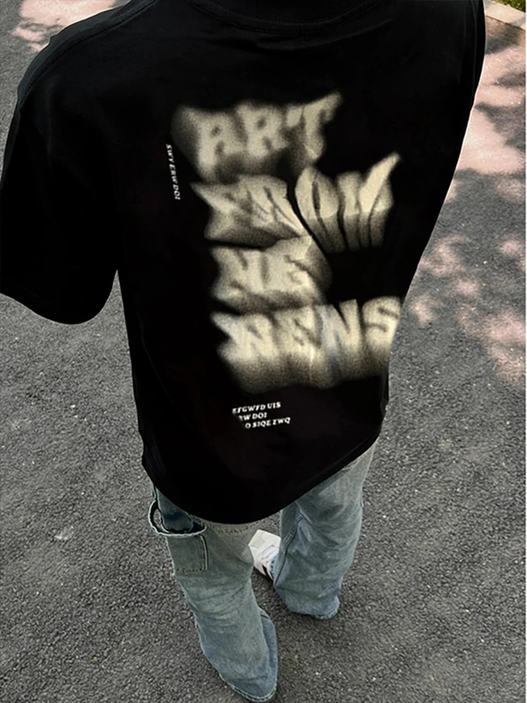 

Мужская футболка оверсайз из плотного флиса с надписью, в модном уличном стиле, с коротким рукавом, летняя, черная, дышащая, из хлопка.