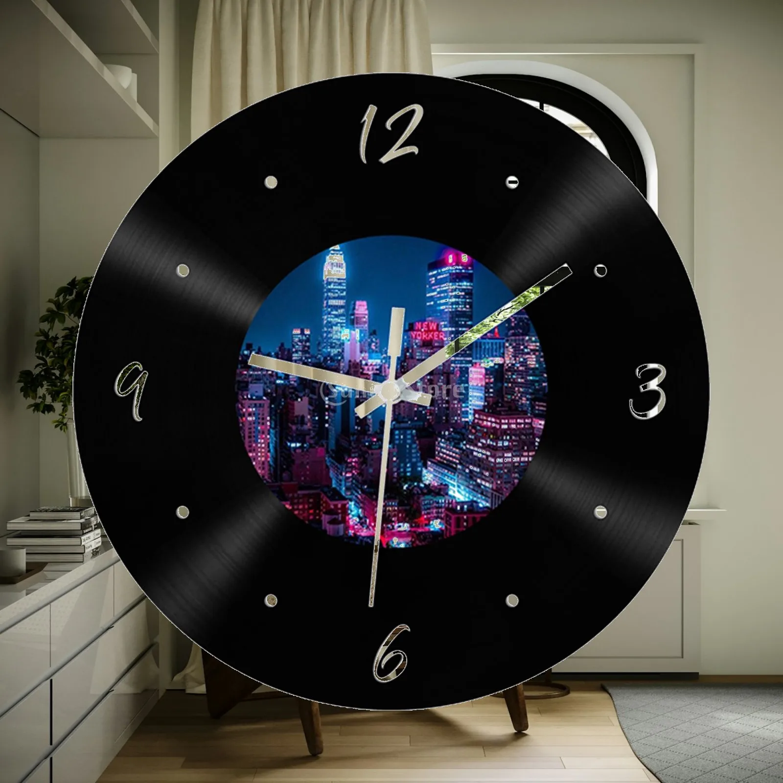 Wall Clock Musical Black Vinyl Records Round Artwork Easy to Read 11.81inch No
