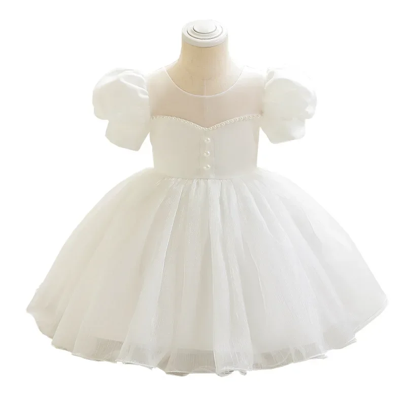 137  Summer Baby Girl Dress Lace Mesh Short Sleeve Party Dresses for Girls Fashion Solid Color Children Girl Princess Dress 1-7Y