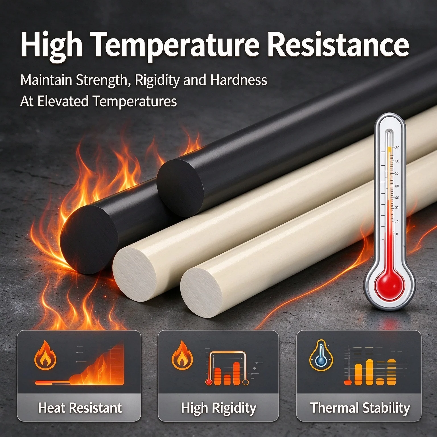 Natural Color PPS GF40 Rod Polyphenylene Sulfide Bar, 40% Glass Fiber Reinforced, Length 200-500mm, High Rigidity Heat Resistant