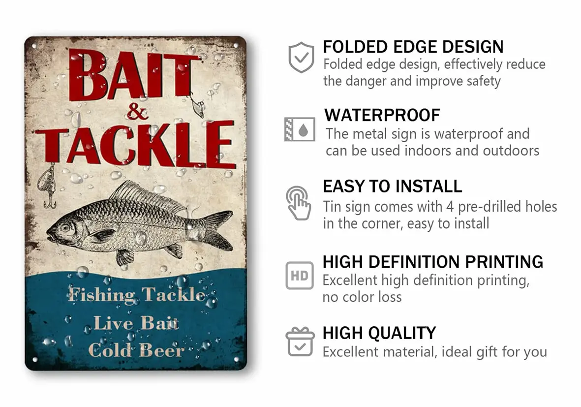 Bait and Tackle Metal Tin Sign Retro Fishing Vintage Poster for Farmhouse Kitchen Home Man Cave Wall Decor Fishing Lovers Metal